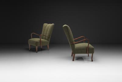 Pair of Dark Green Upholstered Beech Armchairs Europe 1940s