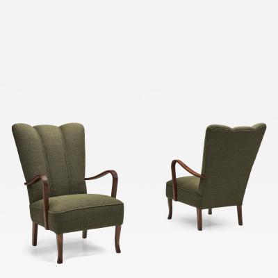 Pair of Dark Green Upholstered Beech Armchairs Europe 1940s