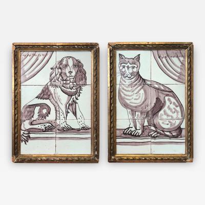 Pair of Delft Tile Pictures of Dog and Cat