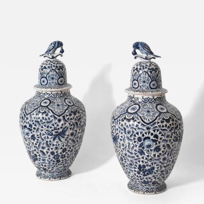 Pair of Delft blue and white baluster covered vases XIXth c 