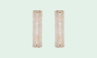 Pair of Demi Cylinder Murano Graniglia White Clear Glass Wall Sconces