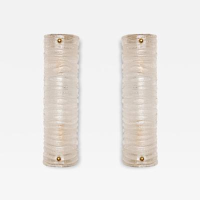 Pair of Demi Cylinder Murano Graniglia White Clear Glass Wall Sconces