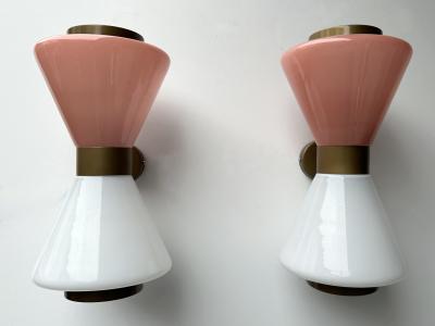 Pair of Diabolo Sconces Pink and White Murano Glass Italy