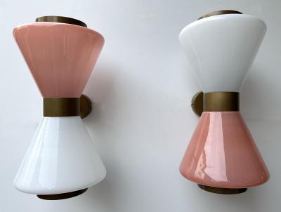 Pair of Diabolo Sconces Pink and White Murano Glass Italy