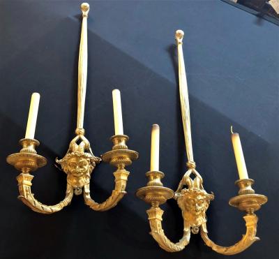 Pair of Dore Bronze Sconces Having Horned Bacchus Masks in Louis XVI Style