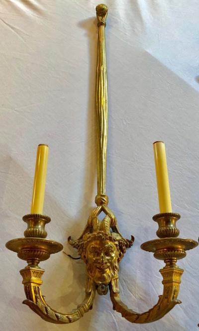 Pair of Dore Bronze Sconces Having Horned Bacchus Masks in Louis XVI Style