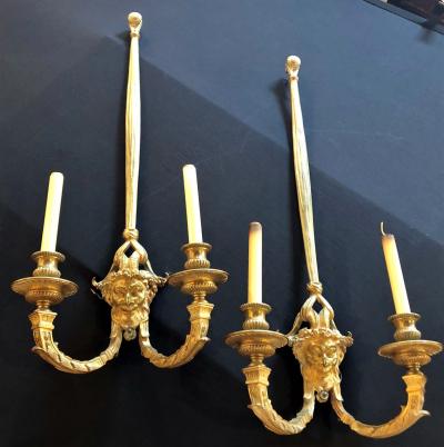 Pair of Dore Bronze Sconces Having Horned Bacchus Masks in Louis XVI Style