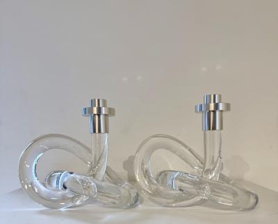 Pair of Dorothy Thorpe twisted Lucite and chrome candlesticks 