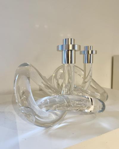 Pair of Dorothy Thorpe twisted Lucite and chrome candlesticks 