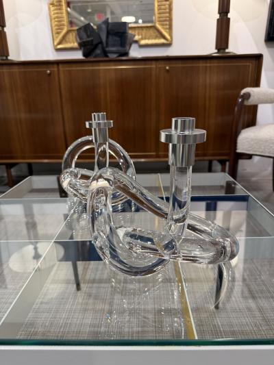 Pair of Dorothy Thorpe twisted Lucite and chrome candlesticks 