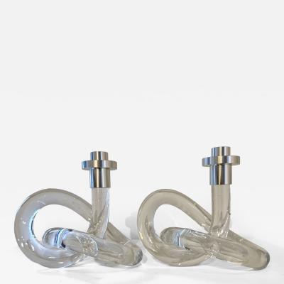 Pair of Dorothy Thorpe twisted Lucite and chrome candlesticks