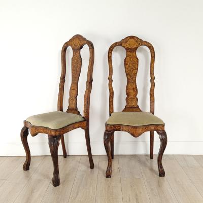 Pair of Dutch Baroque Walnut Inlaid Chairs circa 1780