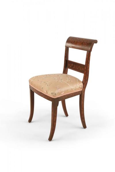 Pair of Dutch Marquetry Inlaid and Embroidered Silk Seat Side Chairs