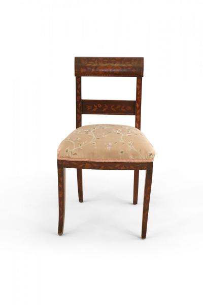 Pair of Dutch Marquetry Inlaid and Embroidered Silk Seat Side Chairs
