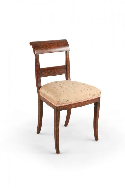 Pair of Dutch Marquetry Inlaid and Embroidered Silk Seat Side Chairs