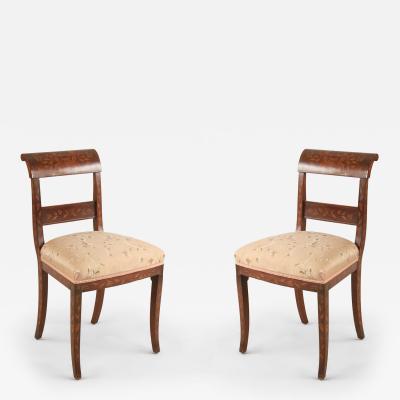 Pair of Dutch Marquetry Inlaid and Embroidered Silk Seat Side Chairs