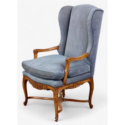 Pair of Early 19th C Style Regence French Walnut Wingback Armchairs Fauteuils