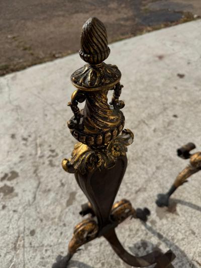 Pair of Early 19th Century Italian Gilt Wrought Iron Acanthus Andirons