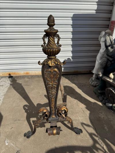 Pair of Early 19th Century Italian Gilt Wrought Iron Acanthus Andirons