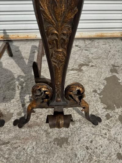 Pair of Early 19th Century Italian Gilt Wrought Iron Acanthus Andirons