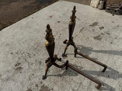Pair of Early 19th Century Italian Gilt Wrought Iron Acanthus Andirons