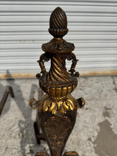 Pair of Early 19th Century Italian Gilt Wrought Iron Acanthus Andirons