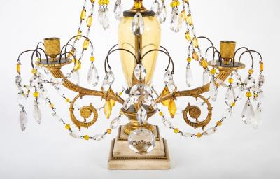 Pair of Early 19th Century Swedish Crystal Candelabra on White Marble Bases