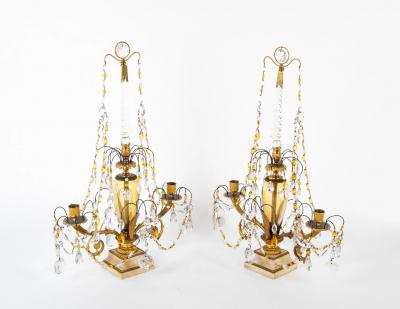 Pair of Early 19th Century Swedish Crystal Candelabra on White Marble Bases