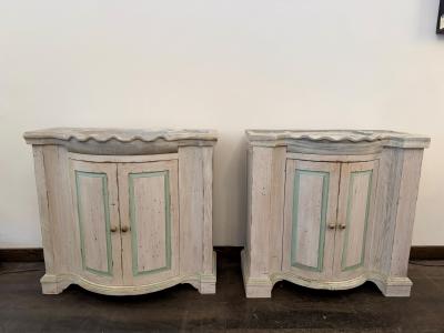 Pair of Early 20th C French Marble Basins on Custom Painted Vanity Cabinets