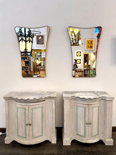 Pair of Early 20th C French Marble Basins on Custom Painted Vanity Cabinets