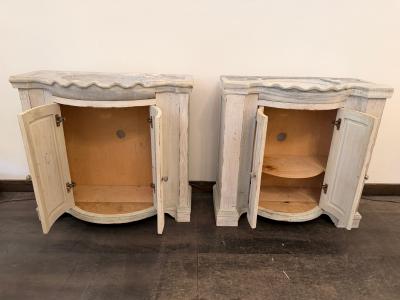 Pair of Early 20th C French Marble Basins on Custom Painted Vanity Cabinets