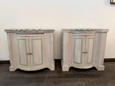 Pair of Early 20th C French Marble Basins on Custom Painted Vanity Cabinets