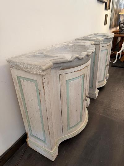 Pair of Early 20th C French Marble Basins on Custom Painted Vanity Cabinets