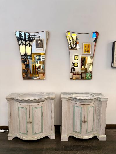 Pair of Early 20th C French Marble Basins on Custom Painted Vanity Cabinets
