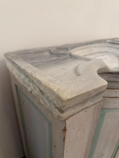 Pair of Early 20th C French Marble Basins on Custom Painted Vanity Cabinets