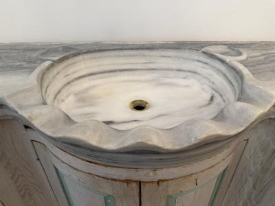 Pair of Early 20th C French Marble Basins on Custom Painted Vanity Cabinets