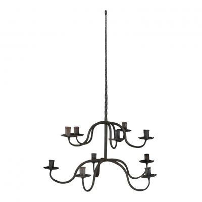 Pair of Early Two Tier Forged Iron Chandeliers