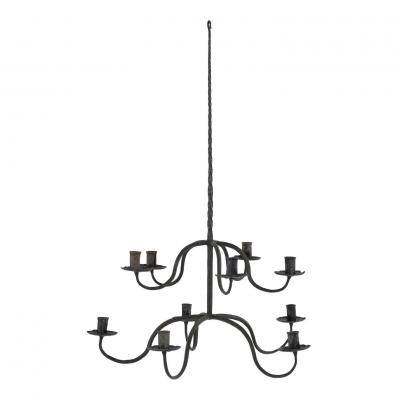 Pair of Early Two Tier Forged Iron Chandeliers
