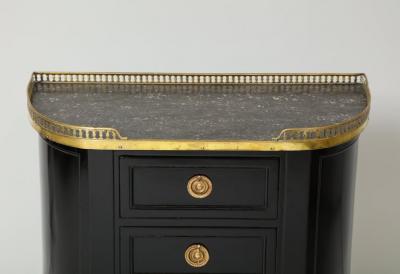 Pair of Ebonized French Marble Top Petite Commodes with Brass Gallery
