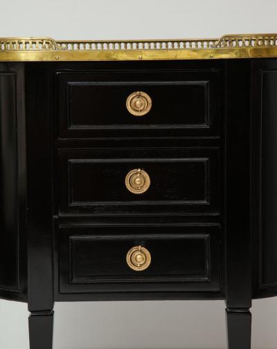 Pair of Ebonized French Marble Top Petite Commodes with Brass Gallery