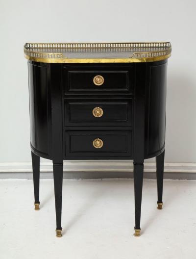 Pair of Ebonized French Marble Top Petite Commodes with Brass Gallery
