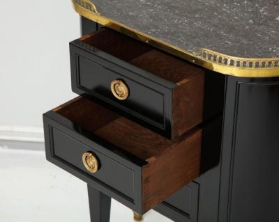 Pair of Ebonized French Marble Top Petite Commodes with Brass Gallery