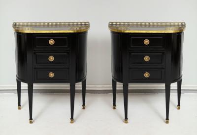 Pair of Ebonized French Marble Top Petite Commodes with Brass Gallery