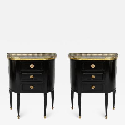 Pair of Ebonized French Marble Top Petite Commodes with Brass Gallery