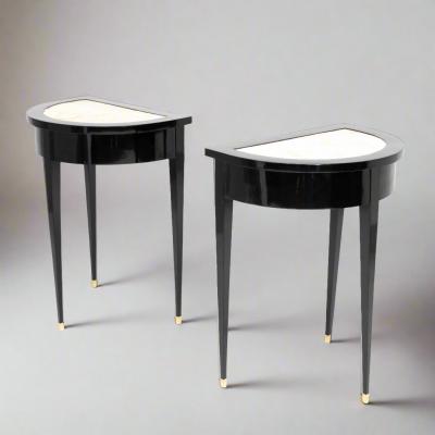 Pair of Ebonized Neoclassical Demi Lune Marble Top Consoles
