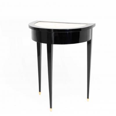 Pair of Ebonized Neoclassical Demi Lune Marble Top Consoles