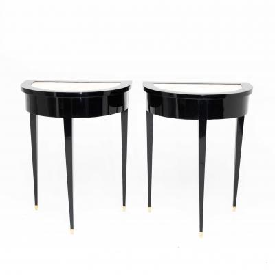 Pair of Ebonized Neoclassical Demi Lune Marble Top Consoles