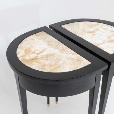 Pair of Ebonized Neoclassical Demi Lune Marble Top Consoles