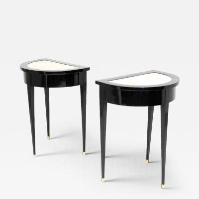 Pair of Ebonized Neoclassical Demi Lune Marble Top Consoles