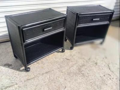 Pair of Ebony Boho Chic Rattan and Bamboo Single Drawer Nightstands